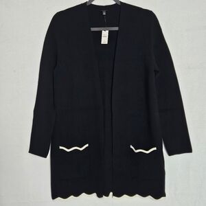 NWT Talbots Black and White Scalloped Open Cardigan with Pockets, Size M